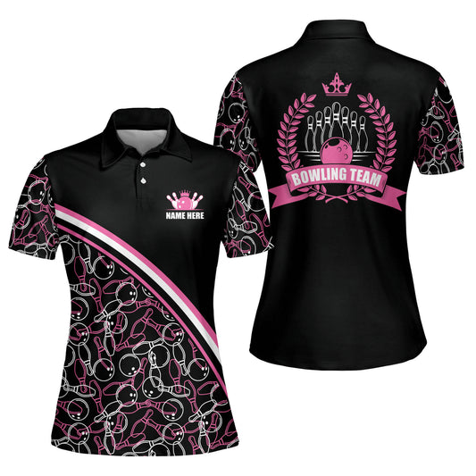 Custom Women's Bowling Shirt, Custom Pink And Black Team Bowling Polo Shirt For Women BW0053