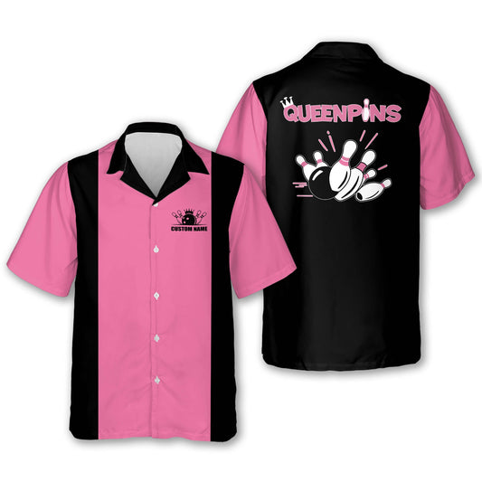 Custom Queen Pins Bowling Hawaiian Shirts For Women, Custom Black And Pink Funny Women Bowling Shirt HW0142