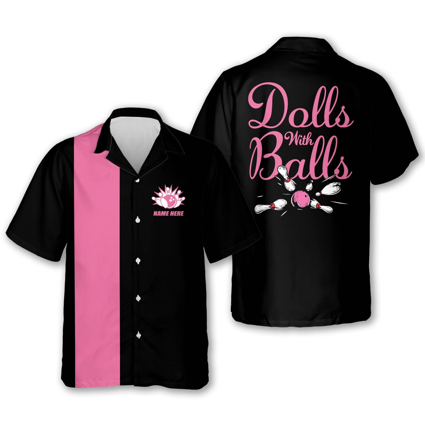 Custom Dolls With Balls Bowling Hawaiian Shirt For Women, Custom Pink And Black Funny Bowling Shirt HW0143