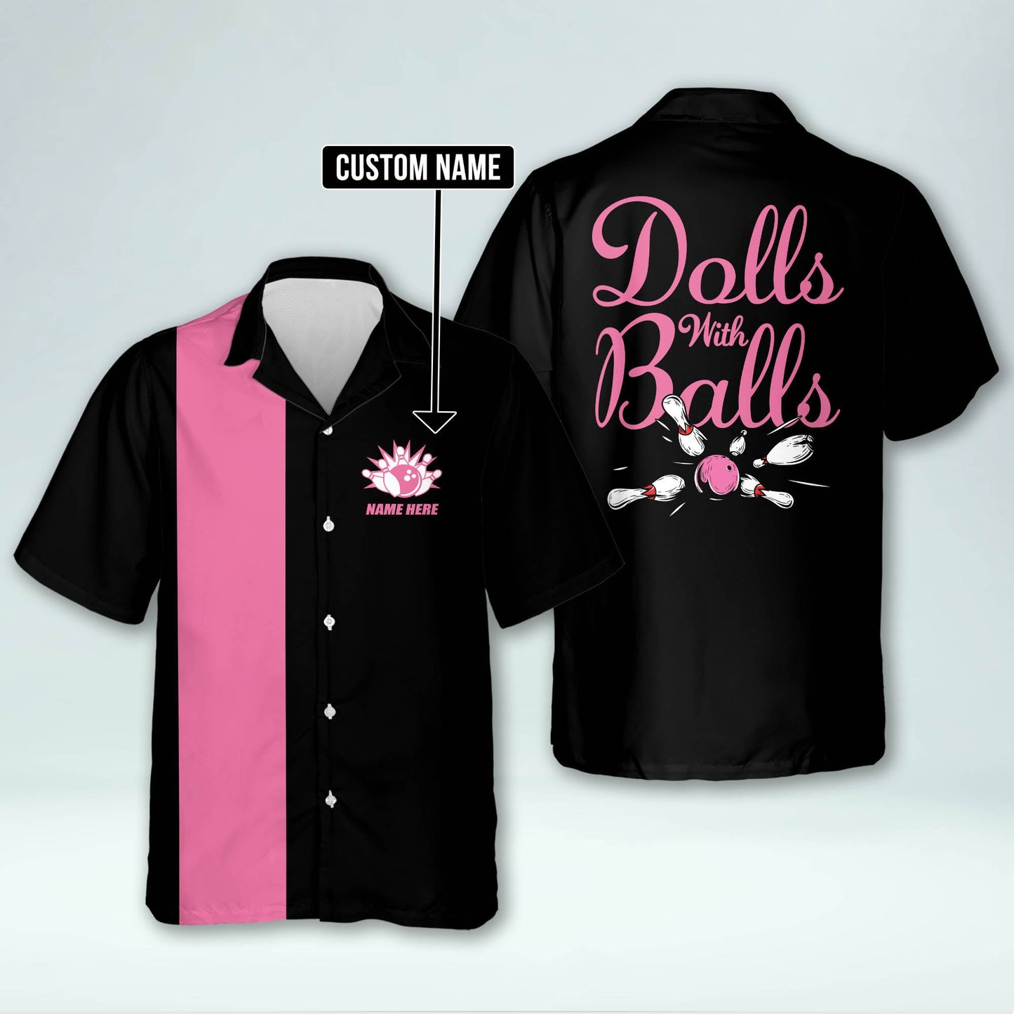 Custom Dolls With Balls Bowling Hawaiian Shirt For Women, Custom Pink And Black Funny Bowling Shirt HW0143