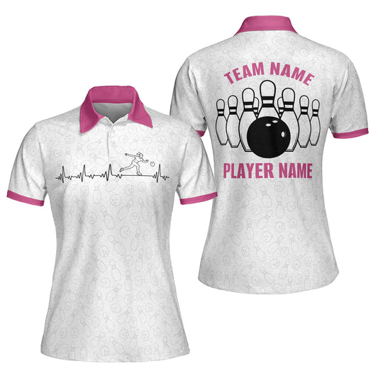 Custom Team White And Pink Bowling Polo Shirt For Women, Custom Bowling Shirt BW0041