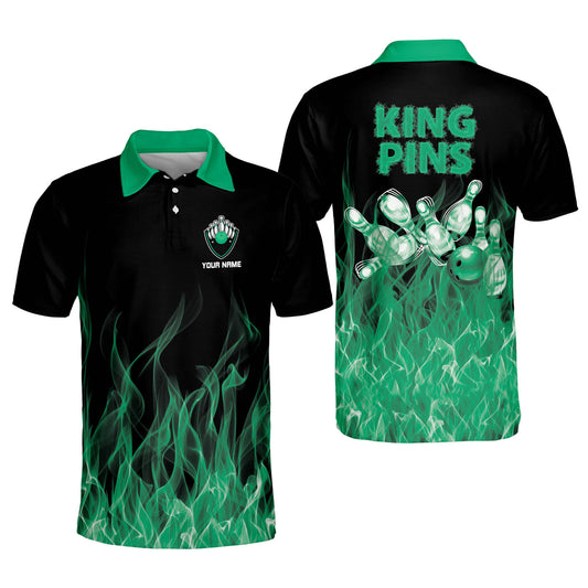 Custom Green Flame Bowling Polo Shirt For Men, Custom King Pins Funny Flame Bowling Shirt BM0234