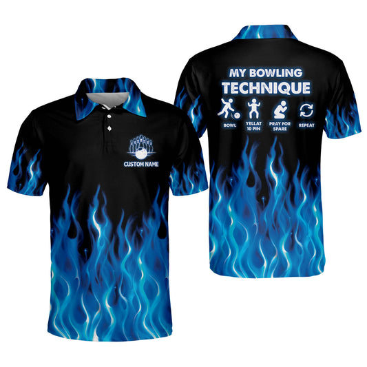 Custom My Bowling Technique Blue Flame Bowling Polo Shirt For Men, Custom Flame Bowling Shirt Funny BM0019