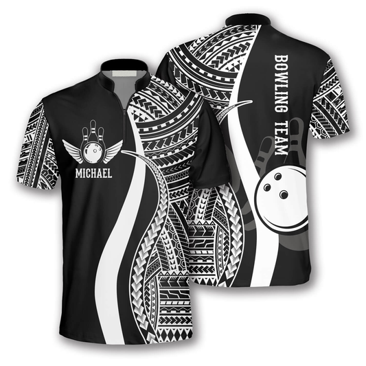 Custom Tribal Black And White Bowling Jersey Shirt For Men, Custom Tribal Bowling Team Shirt BO0050