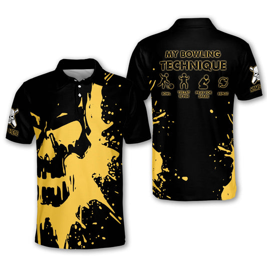 Custom My Bowling Technique Bowling Polo Shirt For Men, Custom Skull Black And Yellow Bowling Shirt Funny BM0149