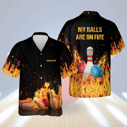 Custom My Balls Are On Fire Bowling Hawaiian Shirt For Men, Custom Flame Bowling Shirt Funny HB0050