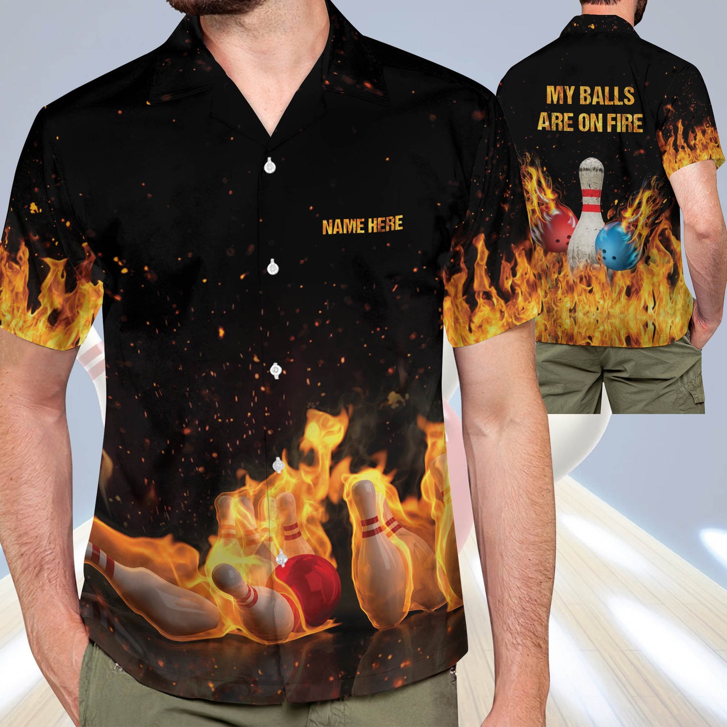 Custom My Balls Are On Fire Bowling Hawaiian Shirt For Men, Custom Flame Bowling Shirt Funny HB0050