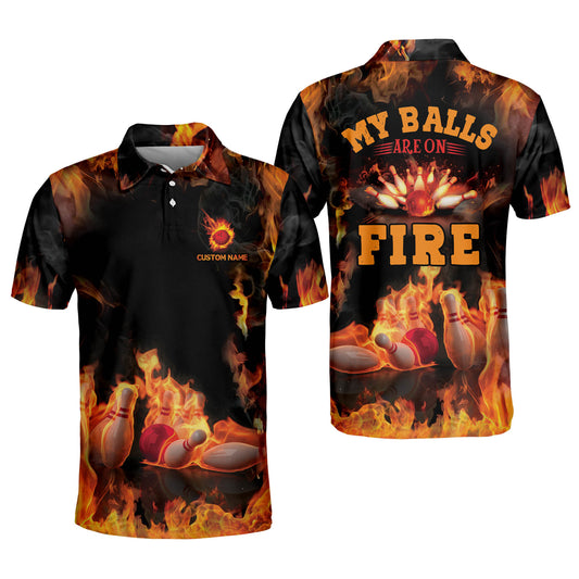 Custom My Balls Are On Fire Bowling Polo Shirts For Men, Custom Funny Flame Bowling Shirt  BM0243