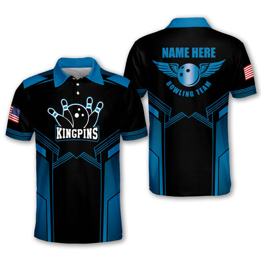 Custom Kingpins Bowling Polo Shirt For Men, Custom Team Blue And Black Bowling Shirt BM0127