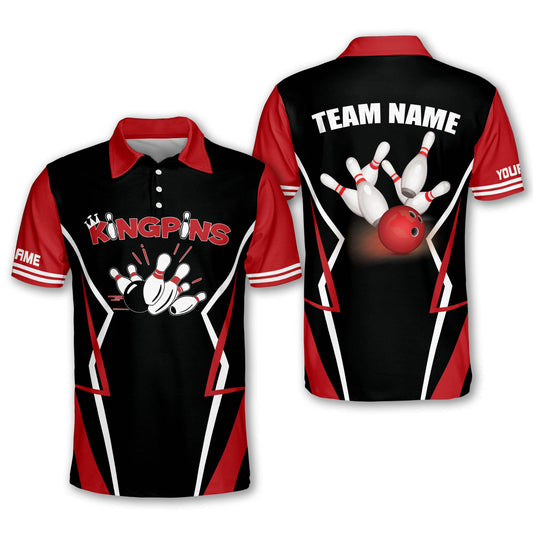 Custom King Pi­n Bowling Polo Shirt For Men, Custom Team Black And Red Bowling Shirt BM0252