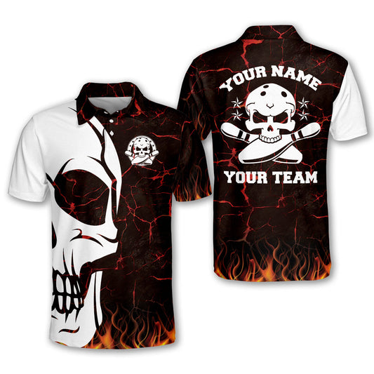 Custom Skull Bowling Polo Shirt For Men, Custom Skull Bowling Team Shirt Flames BM0131