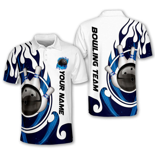 Custom Blue Flame Bowling Polo Shirt For Men, Custom Team Flame Bowling Shirt BM0279