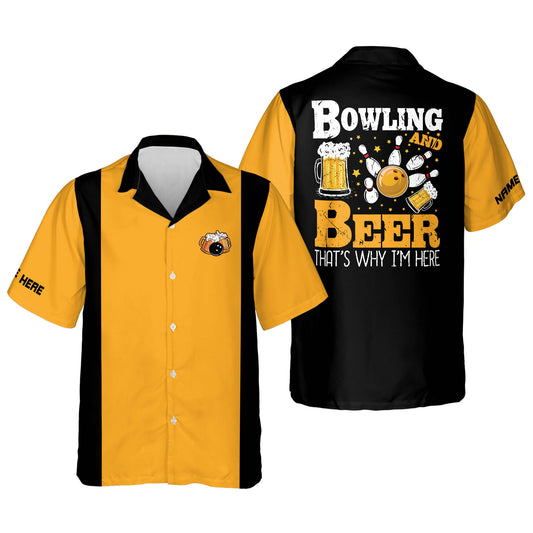 Custom Bowling And Beer That's Why I'm Here Bowling Hawaiian Shirt For Men, Custom Black And Yellow Funny Bowling Shirt HB0141