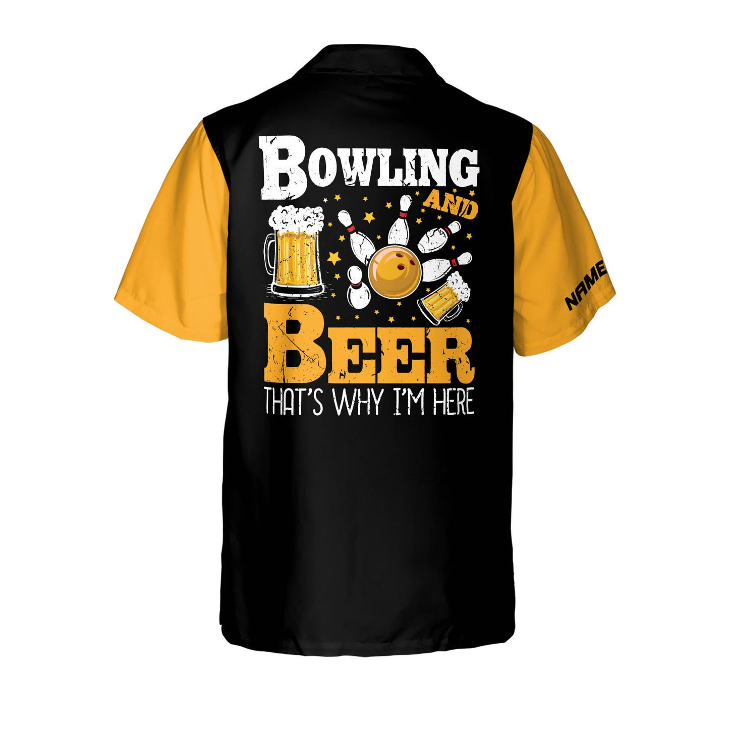 Custom Bowling And Beer That's Why I'm Here Bowling Hawaiian Shirt For Men, Custom Black And Yellow Funny Bowling Shirt HB0141