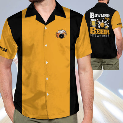 Custom Bowling And Beer That's Why I'm Here Bowling Hawaiian Shirt For Men, Custom Black And Yellow Funny Bowling Shirt HB0141