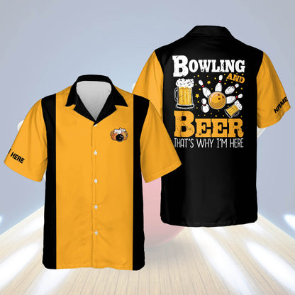 Custom Bowling And Beer That's Why I'm Here Bowling Hawaiian Shirt For Men, Custom Black And Yellow Funny Bowling Shirt HB0141