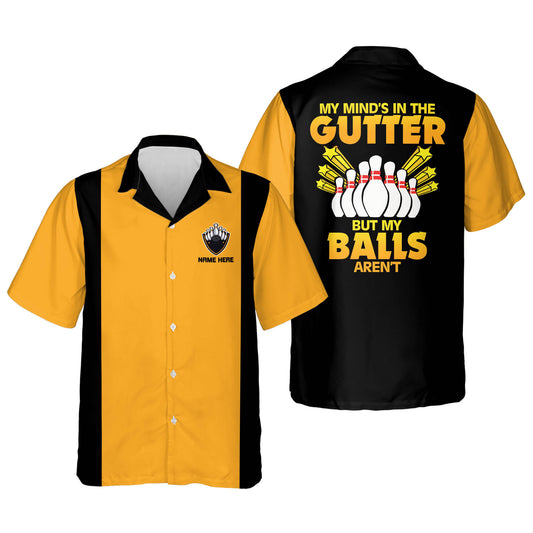 Custom My Mind's in The Gutter But My Balls Aren't Bowling Hawaiian Shirt For Men, Custom Black And Yellow Funny Bowling Shirt HB0140