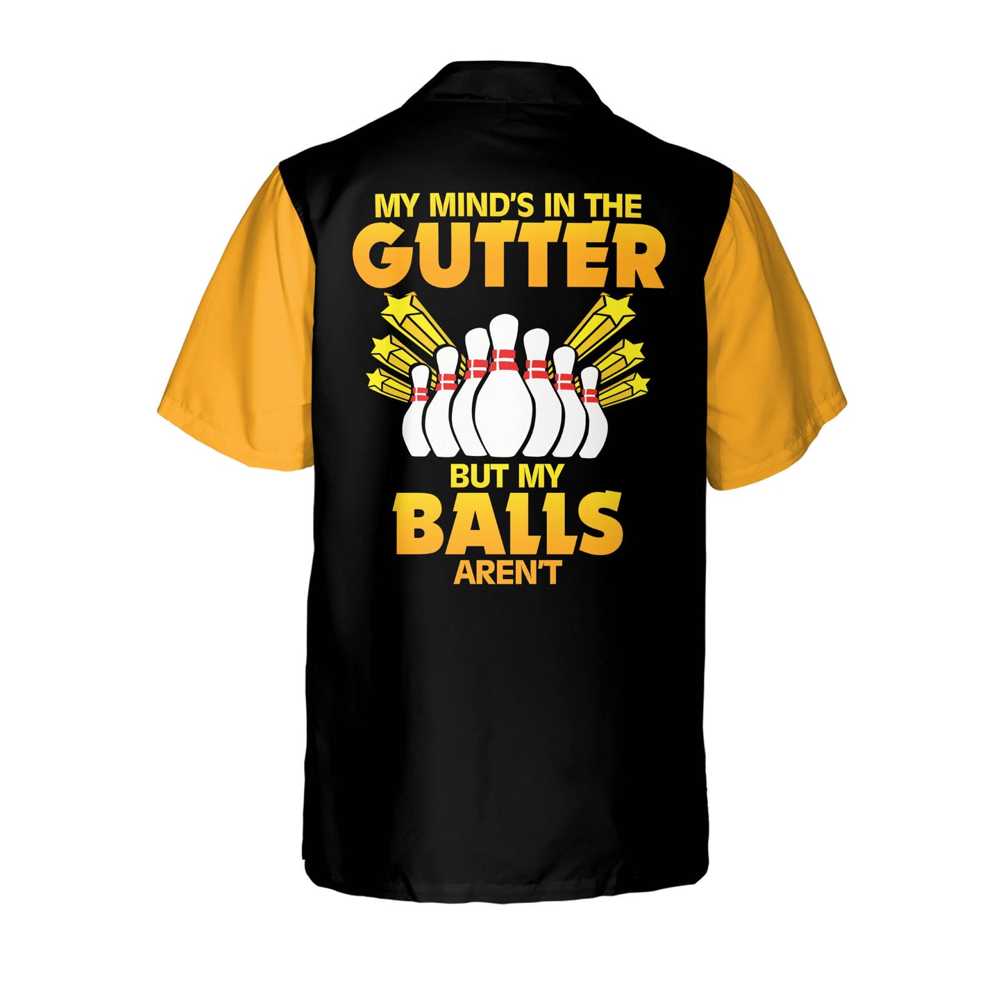 Custom My Mind's in The Gutter But My Balls Aren't Bowling Hawaiian Shirt For Men, Custom Black And Yellow Funny Bowling Shirt HB0140