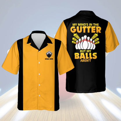 Custom My Mind's in The Gutter But My Balls Aren't Bowling Hawaiian Shirt For Men, Custom Black And Yellow Funny Bowling Shirt HB0140