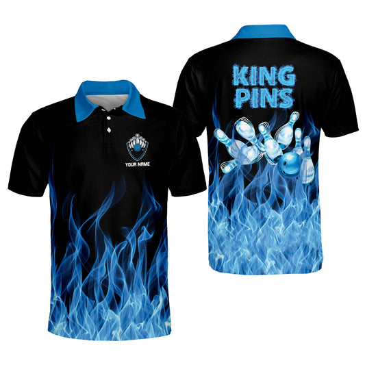 Custom King Pins Blue Flame Bowling Polo Shirt For Men, Custom Funny Flame Bowling Shirt BM0221