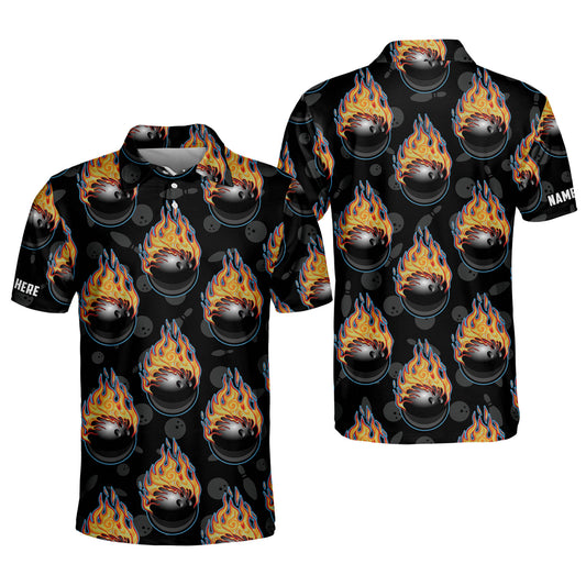 Custom Bowling Ball Flame Black Bowling Polo Shirt For Men, Custom Flame Bowling Shirt BM0034