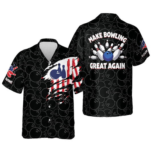 Custom Make Bowling Great Again Black Bowling Hawaiian Shirt For Men, Custom American Flag Bowling Shirt Funny HB0079