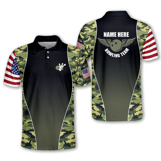 Custom Camo Bowling Polo Shirt For Men, Custom Green Team Bowling Shirts BM0146