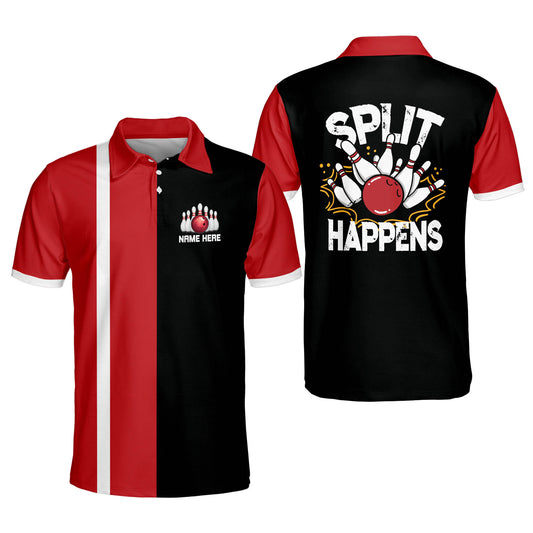 Custom Split Happens Bowling Polo Shirt For Men, Custom Black And Red Funny Bowling Shirt BM0228