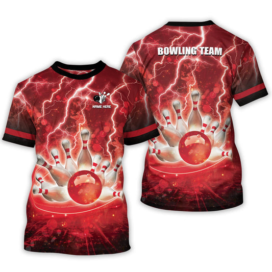 Custom Thunder Red Team Bowling T Shirts For Men, Custom Thunder Bowling Team Shirt BT0012