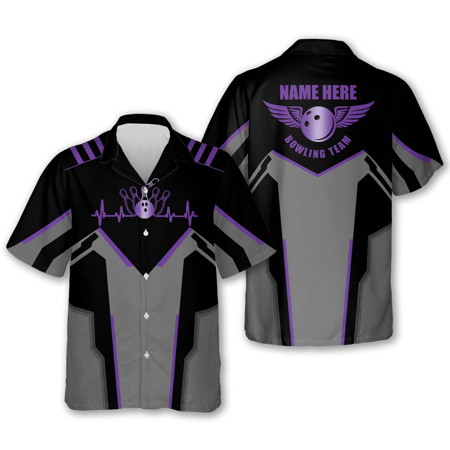 Custom Black And Purple Team Bowling Hawaiian Shirt For Men Women, Custom Bowling Shirt HB0042