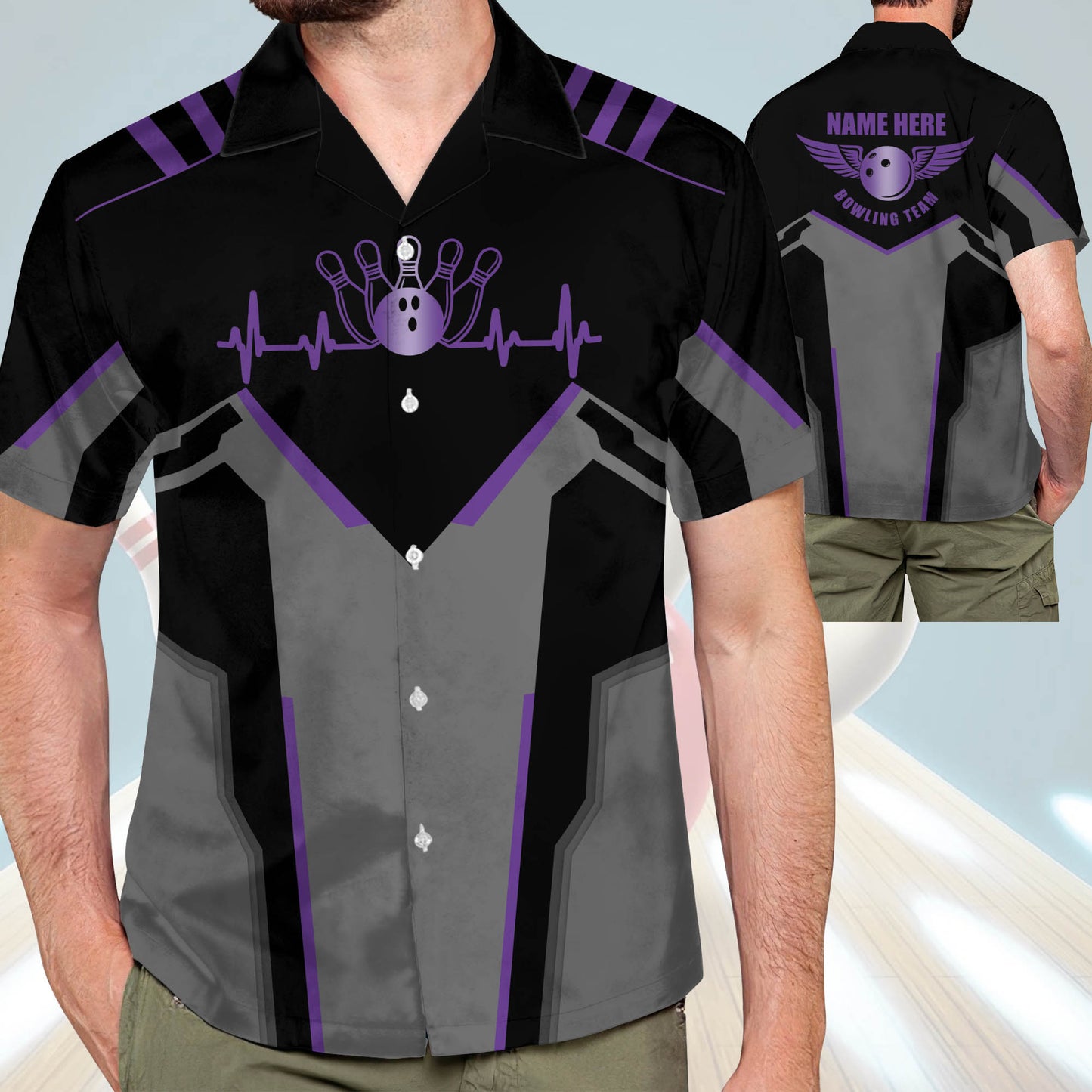 Custom Black And Purple Team Bowling Hawaiian Shirt For Men Women, Custom Bowling Shirt HB0042