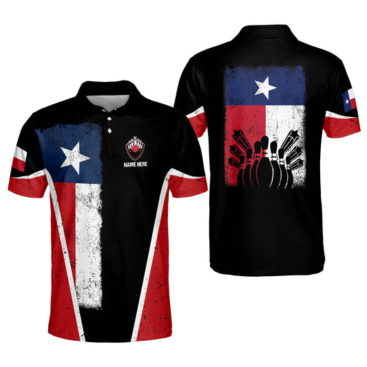 Custom Texas Flag Black Bowling Polo Shirt For Men, Custom Bowling Shirts For Men BM0110