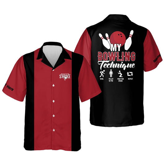 Custom My Bowling Technique Bowling Hawaiian Shirt For Men, Custom Black And Red Bowling Shirt Funny HB0088