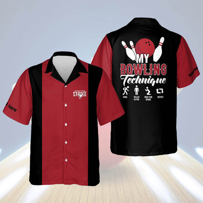 Custom My Bowling Technique Bowling Hawaiian Shirt For Men, Custom Black And Red Bowling Shirt Funny HB0088