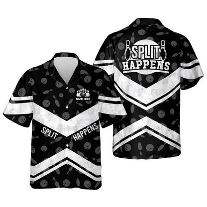 Custom Split Happens Bowling Hawaiian Shirt For Men, Custom Black And White Funny Bowling Shirt HB0055