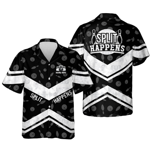 Custom Split Happens Bowling Hawaiian Shirt For Men, Custom Black And White Funny Bowling Shirt HB0055