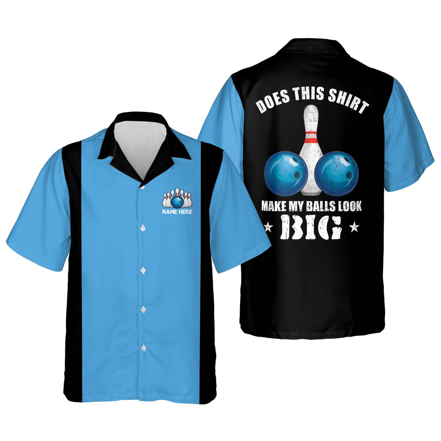 Custom Does This Shirt Make My Balls Look Big Bowling Hawaiian Shirt For Men, Custom Black And Blue Funny Bowling Shirt HB0105