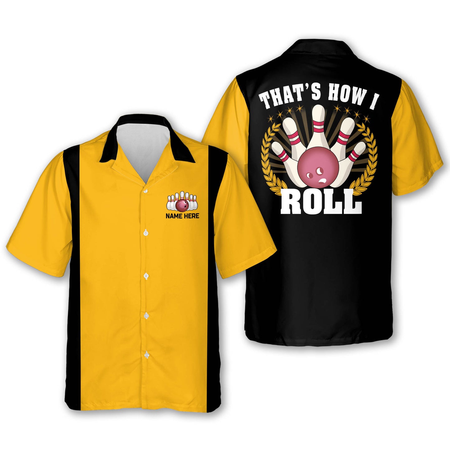 Custom That's How I Roll Bowling Hawaiian Shirt For Men, Custom Black And Yellow Funny Bowling Shirt HB0129