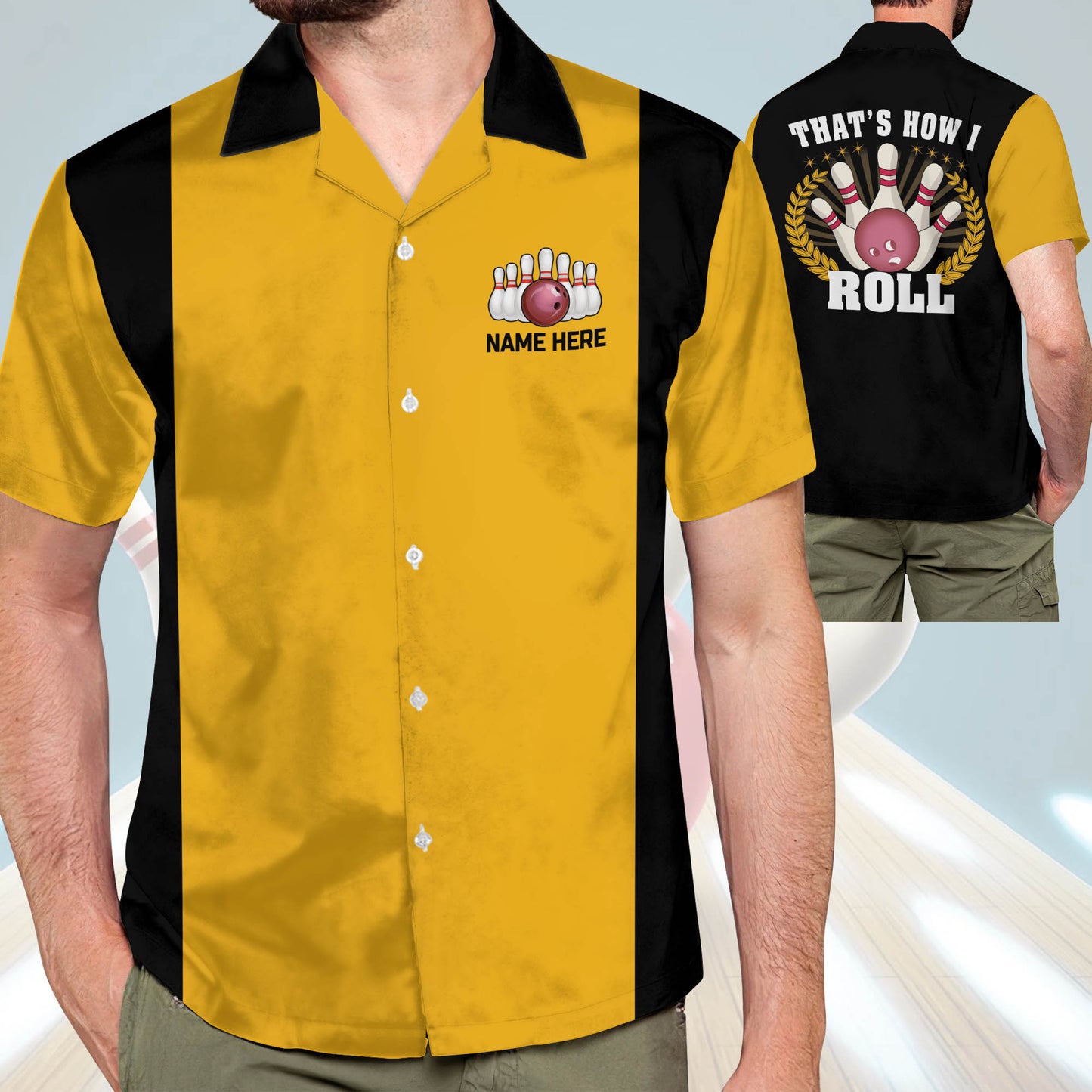 Custom That's How I Roll Bowling Hawaiian Shirt For Men, Custom Black And Yellow Funny Bowling Shirt HB0129