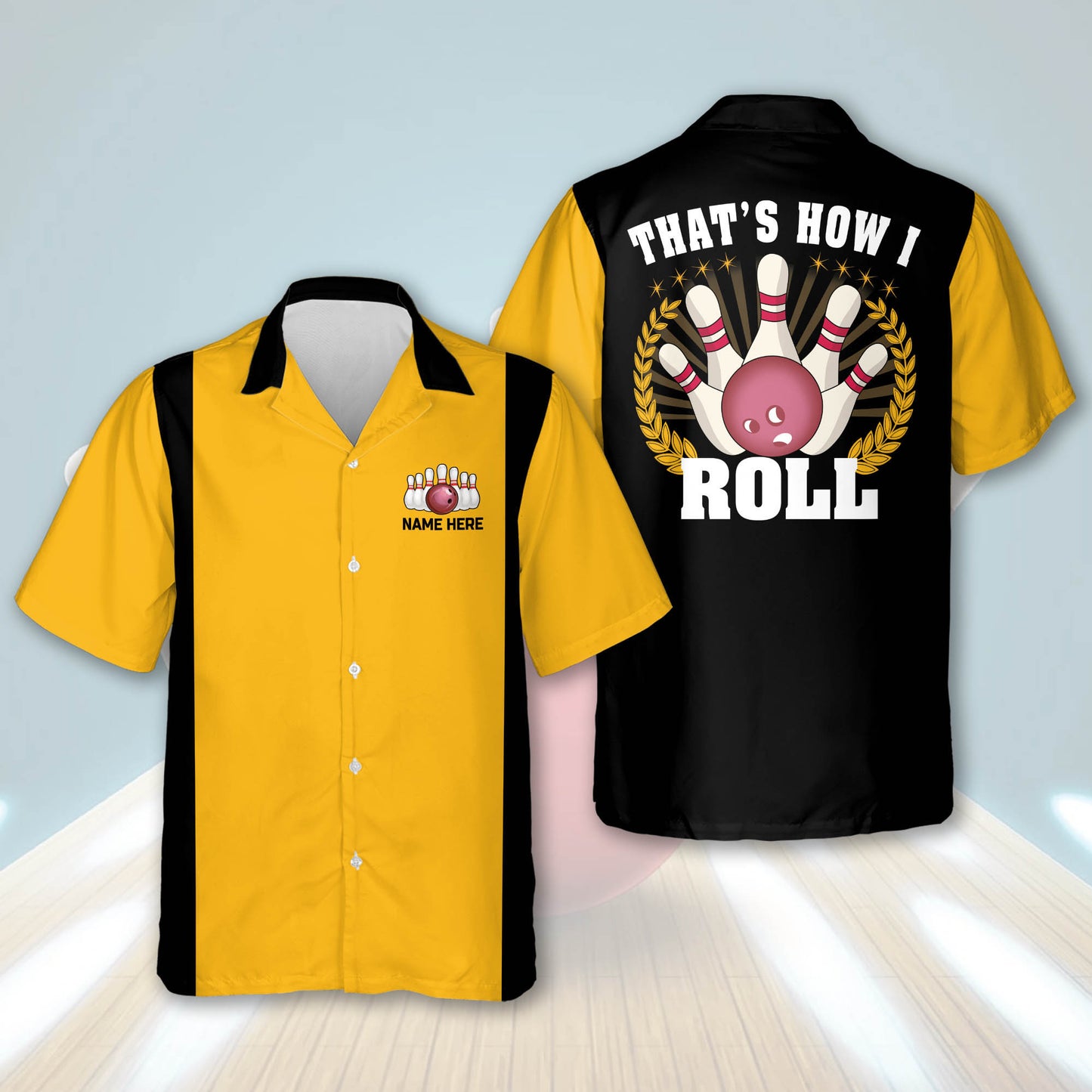 Custom That's How I Roll Bowling Hawaiian Shirt For Men, Custom Black And Yellow Funny Bowling Shirt HB0129