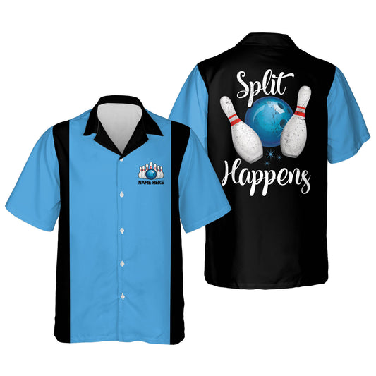 Custom Split Happens Bowling Hawaiian Shirt For Men, Custom Black And Blue Funny Bowling Shirt HB0106