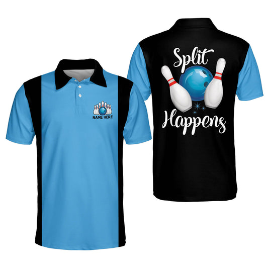 Custom Split Happens Bowling Polo Shirt For Men, Custom Blue And Black Funny Bowling Shirt BM0134