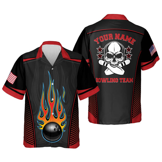 Custom Skull Bowling Hawaiian Shirt For Men, Custom Black And Red Flame Bowling Team Shirt HB0011