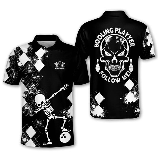 Custom Booling Playyer Follow Me Skull Bowling Polo Shirt For Men, Custom Black And White Skull Bowling Shirt BM0140