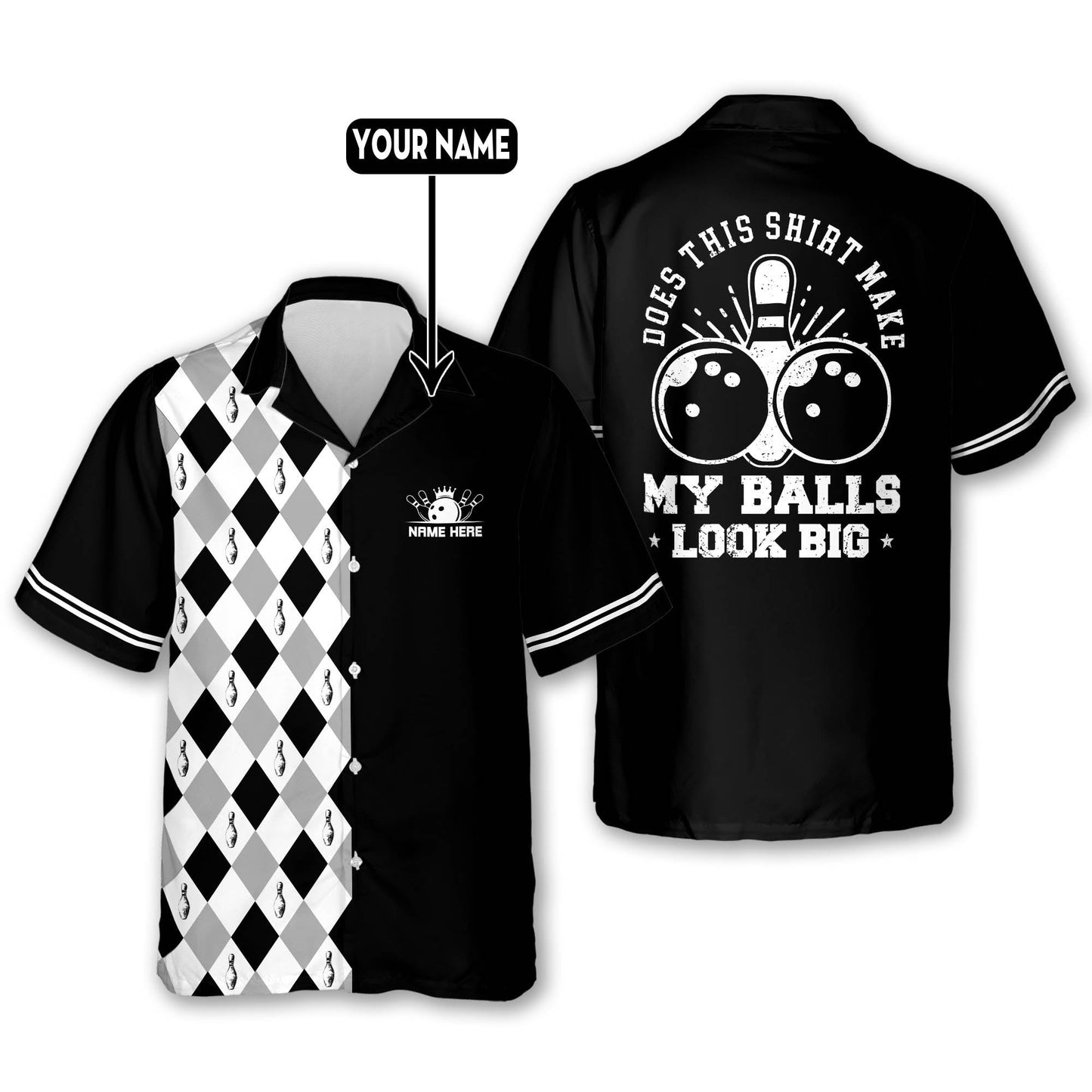 Custom Does This Shirt Make My Balls Look Big Bowling Hawaiian Shirt For Men, Custom Black Funny Bowling Shirt HB0163