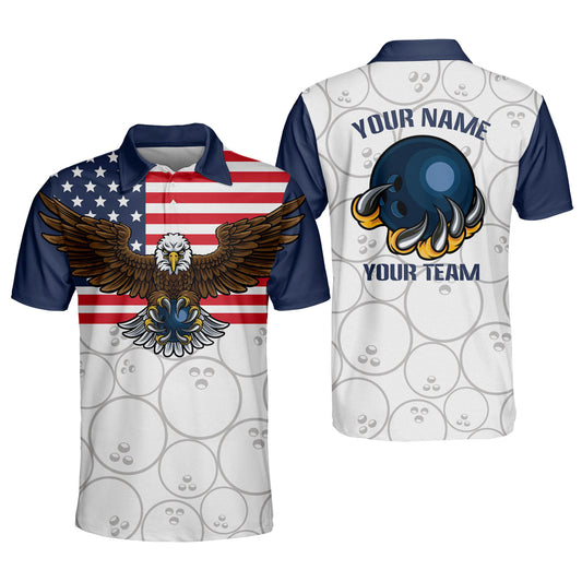 Custom Eagle American Flag White Bowling Polo Shirt For Men, Custom Patriotic Bowling Team Shirts BM0083