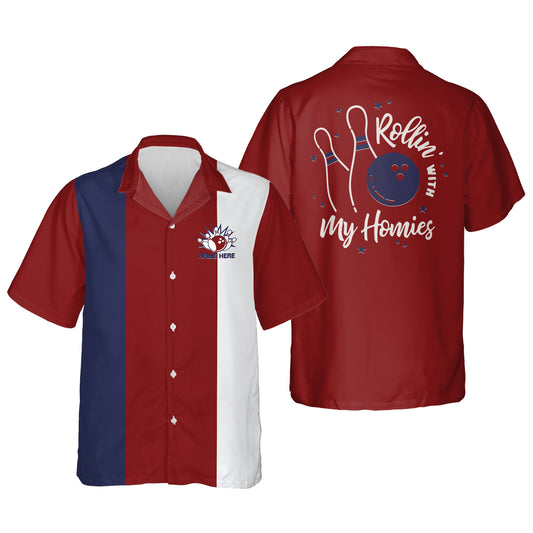 Custom Rolling With My Homies Bowling Hawaiian Shirt For Men, Custom Red White And Blue Funny Bowling Shirt HB0121