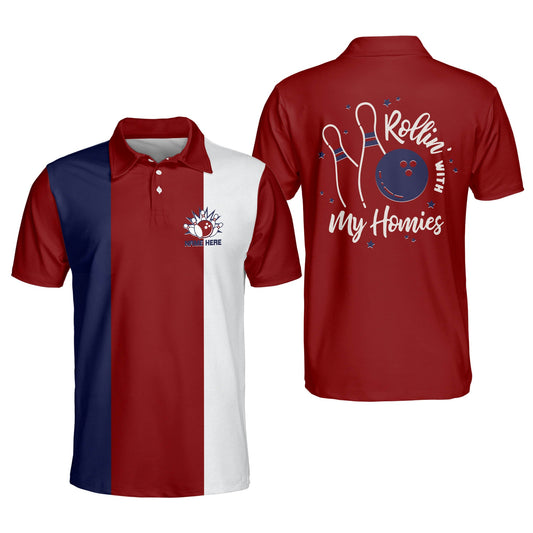 Custom Rolling With My Homies Bowling Polo Shirt For Men, Custom Red White And Blue Funny Bowling Shirt BM0113