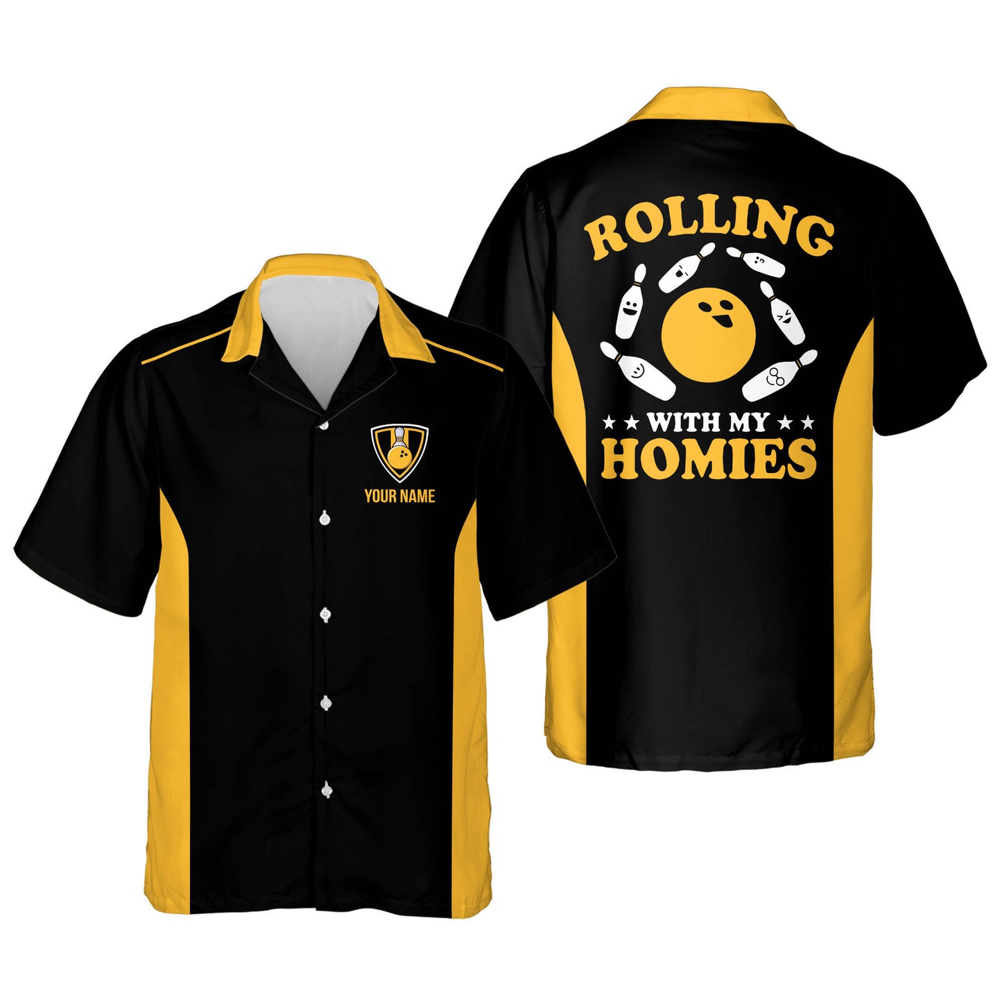 Custom Rolling With My Homies Black And Yellow Bowling Hawaiian Shirt For Men, Custom Vintage Bowling Shirt Funny HB0104