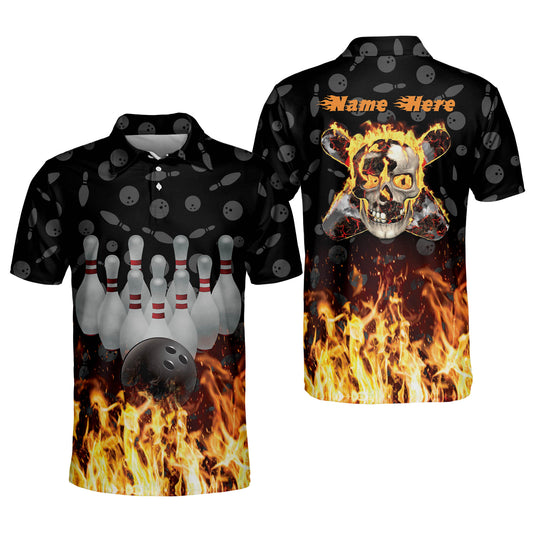 Custom Skull Flame Bowling Polo Shirt For Men, Custom Flame Bowling Shirt Skull BM0029